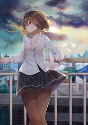  1girl against_railing backlighting black_bra black_skirt blouse bow bra breasts brown_eyes brown_hair brown_legwear cigarette city clouds cloudy_sky hair_bow highres lens_flare long_sleeves looking_afar miniskirt natsuki_(ukiwakudasai) outdoors pantyhose pleated_skirt skirt sky small_breasts smoke solo standing sun thigh_gap thighband_pantyhose touhou underwear usami_renko white_blouse white_bow wing_collar 