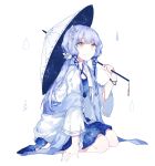  1girl bangs blue_dress blue_hair bracelet closed_mouth constellation_print dress eyebrows_visible_through_hair full_body gocoli halterneck highres holding holding_umbrella jewelry light_brown_eyes long_hair long_sleeves looking_at_viewer oriental_umbrella sash seiza simple_background sitting smile solo space star starry_sky_print umbrella vocaloid vocanese white_background xingchen 