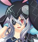  1girl absurdres animal_hood black_clothes blush bracelet breasts bunny_hood cleavage dark_persona date_a_live eyepatch hand_behind_head hand_up highres hood jewelry long_hair looking_at_viewer red_eyes silver_hair small_breasts smile tora_hou yoshino_(date_a_live) 