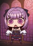  1girl bare_shoulders black_legwear blush_stickers chibi detached_sleeves fate/grand_order fate_(series) helena_blavatsky_(fate/grand_order) looking_at_viewer no_nose official_art open_mouth purple_hair riyo_(lyomsnpmp) short_hair sleeves_past_wrists solo thigh-highs violet_eyes window 