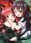 2girls :d animal_ear_fluff animal_ears bell black_bow blush bow braid brown_hair cat_ears cat_tail dress fire green_bow green_dress green_skirt highres hug jingle_bell kaenbyou_rin long_hair multiple_tails one-hour_drawing_challenge puffy_short_sleeves puffy_sleeves red_background red_eyes redhead reiuji_utsuho ruu_(tksymkw) short_sleeves skirt sky smile star_(sky) starry_sky tail tail_hug third_eye touhou twin_braids two_tails