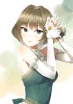  1girl adjusting_hair_ornament bare_shoulders blue_eyes brown_hair dress elbow_gloves eyebrows_visible_through_hair flower furururu gloves green_eyes hair_flower hair_ornament heterochromia idolmaster idolmaster_cinderella_girls idolmaster_cinderella_girls_starlight_stage looking_at_viewer mole mole_under_eye short_hair smile solo takagaki_kaede 