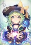  1girl black_hat bow choker closed_mouth deecha green_eyes green_hair hat hat_bow heart heart-shaped_pupils highres komeiji_koishi looking_at_viewer smile solo symbol-shaped_pupils touhou upper_body yellow_bow 