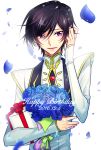  1boy 2016 aphjapanlove0211 black_hair blue_flower bouquet box code_geass dated flower gift gift_box hair_between_eyes hand_in_hair happy_birthday highres holding holding_bouquet holding_box lelouch_lamperouge parted_lips petals simple_background smile solo uniform upper_body violet_eyes white_background 