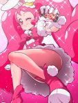  1girl ;) blush boots cake_hair_ornament closed_mouth cure_whip food_themed_hair_ornament gloves hair_ornament kamen_rider kamen_rider_build_(series) kirakira_precure_a_la_mode long_hair looking_at_viewer magical_girl one_eye_closed pink_boots pink_eyes pink_hair precure smile solo tj-type1 twintails usami_ichika white_gloves 