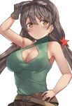  1girl arm_up bare_shoulders belt belt_buckle blush breasts brown_belt brown_eyes brown_hair buckle center_opening character_request cleavage closed_mouth eyebrows_visible_through_hair girls_frontline gloves goggles goggles_on_head green_shirt hair_between_eyes hand_on_hip highres looking_at_viewer low_twintails medium_breasts motokonut shirt simple_background single_glove sleeveless sleeveless_shirt solo twintails white_background 