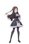  1girl black_boots boots breasts brown_hair dorothy_(princess_principal) frilled_skirt frills full_body hand_on_hip hand_up highres long_hair looking_at_viewer medium_breasts official_art pantyhose playing_with_own_hair princess_principal princess_principal_game_of_mission school_uniform skirt smile solo standing violet_eyes white_skirt 