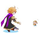  2boys ajirogasa chibi fang gotou_toushirou hat kiwame_(touken_ranbu) light_infantry_(touken_ranbu) male_focus multicolored_hair multiple_boys one_knee orange_hair orb outstretched_arms running scarf short_hair streaked_hair touken_ranbu tousou_(touken_ranbu) 