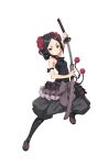  1girl armband black_eyes black_hair black_legwear breasts eyebrows flower hair_flower hair_ornament highres katana official_art princess_principal princess_principal_game_of_mission sandals sheath small_breasts solo standing sword toudou_chise unsheathing weapon 