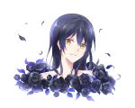  1girl absurdres black_flower black_hair eyebrows_visible_through_hair hair_between_eyes head_tilt highres long_hair looking_at_viewer love_live! love_live!_school_idol_project parted_lips petals portrait simple_background smile solo sonoda_umi walluku white_background yellow_eyes 