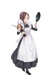  1girl alcohol apron black_shoes bottle brown_hair dorothy_(princess_principal) frying_pan full_body highres knife looking_at_viewer maid maid_apron maid_cap official_art onion princess_principal princess_principal_game_of_mission shoes solo standing violet_eyes wine_bottle 