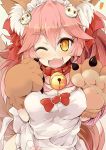  1girl ;d animal_ears bell bell_collar blush breasts cat_hair_ornament cleavage collar eyebrows eyebrows_visible_through_hair fang fate/extra fate/grand_order fate_(series) fox_ears fox_tail hair_ornament long_hair looking_at_viewer one_eye_closed open_mouth paws pink_hair rakkogawa_rinro smile solo tail tamamo_(fate)_(all) tamamo_cat_(fate) yellow_eyes 