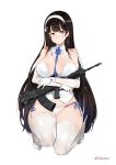  1girl absurdres artist_name assault_rifle bare_shoulders between_breasts black_hair breasts brown_eyes bullpup cleavage closed_mouth detached_collar detached_sleeves fingerless_gloves full_body girls_frontline gloves gun hairband highres kneeling large_breasts leewh1515 long_hair looking_at_viewer panties qbz-95_(girls_frontline) rifle side-tie_panties simple_background smile solo thigh-highs underwear very_long_hair weapon white_background white_gloves white_legwear white_panties 