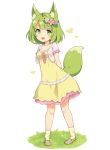  1girl :d animal_ears arm_behind_back bangs blunt_bangs blush breasts butterfly dress eyebrows_visible_through_hair fox_ears fox_girl fox_tail frilled_dress frilled_sleeves frills full_body grass green_eyes green_hair head_wreath looking_at_viewer mary_janes open_mouth original sasaame shoes short_dress short_sleeves simple_background small_breasts smile socks standing tail white_background yellow_dress 