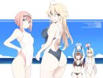  4girls ark_royal_(kantai_collection) ass ball beachball bikini black_bikini black_swimsuit blonde_hair blue_eyes blue_sky character_name clouds competition_swimsuit double_bun from_behind front-tie_top hairband horizon iowa_(kantai_collection) kantai_collection kongou_(kantai_collection) long_hair looking_at_viewer multiple_girls one-piece_swimsuit redhead short_hair side-tie_bikini sky souji swimsuit umbrella warspite_(kantai_collection) white_swimsuit 
