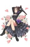  1girl arm_up arms_behind_head black_boots black_dress boots breasts brown_hair cleavage_cutout dorothy_(princess_principal) dress flower gun hair_up heart highres holding holding_gun holding_weapon large_breasts legs_crossed long_hair looking_at_viewer official_art princess_principal princess_principal_game_of_mission rose sitting smile sparkle violet_eyes weapon 