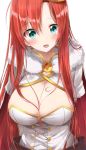  1girl alternate_hair_length alternate_hairstyle blush boudica_(fate/grand_order) breasts cleavage commentary_request fate/grand_order fate_(series) green_eyes highres juliet_sleeves large_breasts long_hair long_sleeves looking_at_viewer open_mouth pentagon_(railgun_ky1206) puffy_sleeves redhead simple_background smile solo 