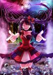  1girl black_hair bow bubble clock_eyes closed_eyes date_a_live disco_ball dress highres idol light_rays long_hair looking_at_viewer microphone nail_polish one_eye_closed pointing pointing_at_viewer red_nails steam symbol-shaped_pupils thigh-highs tokisaki_kurumi tsubasaki twintails yellow_eyes 