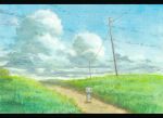  blue_sky clouds cloudy_sky commentary_request day field grass hotaka letterboxed looking_at_viewer no_humans original outdoors path power_lines road robot scenery sky standing telephone_pole 