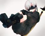  absurdres black_boots black_gloves black_legwear black_shorts blindfold boots closed_mouth coat gloves grey_hair highres kida_mochi kneehighs knees_up legs_together long_sleeves male_focus nier_(series) nier_automata shorts silver_hair solo sword uniform weapon yorha_no._9_type_s 