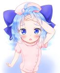  1girl blue_eyes blue_hair blue_ribbon blush bow cirno eyebrows forehead hair_bow highres ice ice_wings mofu_mofu nurse nurse_cap nurse_uniform open_mouth ribbon short_hair touhou wings 