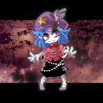  1girl barefoot beret bird black_skirt blue_eyes blue_hair eyebrows_visible_through_hair fang hat jiangshi miyako_yoshika ofuda outstretched_arms pale_skin pointy_ears red_shirt shirt short_sleeves skirt solo star stitches touhou yt_(wai-tei) zombie_pose 