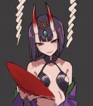  1girl bangs bare_shoulders blunt_bangs breasts collarbone cup detached_sleeves diadem eyebrows_visible_through_hair fate/grand_order fate_(series) gem gloves grey_background highres holding holding_plate looking_at_viewer oni oni_horns parted_lips plate revealing_clothes sakazuki short_eyebrows short_hair shuten_douji_(fate/grand_order) simple_background small_breasts smile solo teshima_nari upper_body 