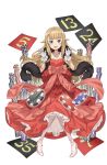  1girl :d blonde_hair blue_eyes bow dress feather_boa frilled_dress frills full_body gloves high_heels highres jewelry long_hair looking_at_viewer necklace open_mouth pink_bow pink_shoes poker_chip princess_(princess_principal) princess_principal princess_principal_game_of_mission red_dress shoes smile solo standing white_gloves white_legwear 