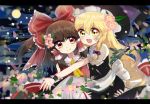  2girls :d apron blonde_hair blush bow brown_hair carrying cheek-to-cheek commentary flower glomp hair_bow hair_flower hair_ornament hair_ribbon hair_tubes hakurei_reimu hand_on_another&#039;s_ass hat hug kirisame_marisa large_bow letterboxed long_hair multiple_girls open_mouth petals princess_carry red_eyes ribbon sidelocks smile szmex touhou tress_ribbon very_long_hair waist_apron wavy_hair witch_hat yellow_eyes yuri 