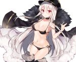  1girl arm_at_side bikini black_legwear blush boots breasts closed_mouth collar commentary cowboy_shot dutch_angle fur_trim girls_frontline hair_between_eyes hat jacket_on_shoulders kar98k_(girls_frontline) kurut long_hair looking_at_viewer medium_breasts navel red_eyes side-tie_bikini sidelocks simple_background smile solo string_bikini swimsuit thigh-highs thigh_boots very_long_hair white_background white_hair 