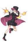  1girl adjusting_clothes adjusting_hat ange_(princess_principal) asymmetrical_hair black_gloves black_hat black_shoes blue_eyes braid breasts cape explosion frilled_skirt frills full_body gloves grey_hair gun hat highres holding holding_gun holding_weapon looking_at_viewer looking_back official_art princess_principal princess_principal_game_of_mission running shoes skirt small_breasts solo top_hat weapon 
