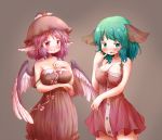  2girls alternate_breast_size animal_ears arinu bare_arms bare_shoulders bird_wings blush breasts brown_dress buttons cleavage closed_mouth collarbone commentary_request dress feathered_wings green_eyes green_hair hat highres kasodani_kyouko large_breasts looking_at_viewer multiple_girls mystia_lorelei pink_dress pink_eyes pink_hair pinky_out short_dress short_hair simple_background smile strap_slip touhou wings 
