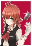  1girl ahoge arashi_(kantai_collection) black_gloves blouse canister gloves grey_eyes highres kagari_leroy kantai_collection looking_at_viewer neckerchief red_background redhead school_uniform short_hair simple_background smile solo upper_body vest white_gloves 