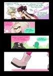  +_+ 4girls aori_(splatoon) black_gloves black_hair black_jacket boots brown_eyes closed_mouth comic cousins detached_collar earrings english eyebrows_visible_through_hair fang fangs fingerless_gloves food food_on_head gloves grey_hair highres hime_(splatoon) hotaru_(splatoon) iida_(splatoon) jacket jewelry long_hair long_sleeves looking_at_another mole mole_under_mouth multiple_girls object_on_head octarian open_mouth parted_lips pointy_ears raised_eyebrow short_hair smile splatoon splatoon_2 strapless sushi tentacle_hair white_boots white_hair wong_ying_chee 