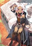  1girl animal_ears arm_up boots brown_boots dark_skin fantasy forehead fountain fox_ears fox_girl hair_intakes knee_boots long_sleeves looking_at_viewer original outdoors parted_lips red_eyes robe sitting solo tareme white_hair yappen 