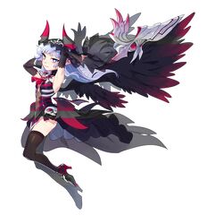  1girl armpits black_legwear blue_eyes detached_sleeves diadem elsword floating_hair full_body high_heels highres horns long_hair looking_at_viewer luciela_r._sourcream midriff navel pointy_ears silver_hair smile solo stomach thigh-highs transparent_background tsuji_(ksi03164) very_long_hair 