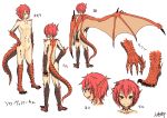  1girl character_sheet commentary_request dragon_girl dragon_horns dragon_tail dragon_wings eyebrows_visible_through_hair hand_on_hip hitokuirou horns navel no_nipples no_pussy nude original red_eyes redhead scales smile solo spines tail white_background wings 