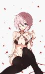  1girl absurdres black_legwear breasts cleavage collar criss-cross_halter error fate/grand_order fate_(series) full_body glasses groin hair_over_one_eye halter halter_top halterneck highres large_breasts leash navel open_mouth pink_hair shielder_(fate/grand_order) short_hair sitting solo thigh-highs violet_eyes 