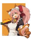  &gt;:d 1girl :d alternate_costume animal_ears apron bangs bell bell_collar blush bow breasts character_name collar enmaided fangs fate/grand_order fate_(series) food_request fox_ears hair_between_eyes hair_bow lansane large_breasts long_hair looking_at_viewer maid maid_apron maid_headdress open_mouth orange_background paws pink_hair ponytail puffy_short_sleeves puffy_sleeves red_bow sash short_sleeves signature simple_background smile solo tamamo_(fate)_(all) tamamo_cat_(fate) upper_body yellow_eyes 