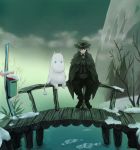  1boy blue_eyes bridge cloak clouds edmond_dantes_(fate/grand_order) fate/grand_order fate_(series) hands_together hat ice male_focus moomin moomintroll mountain paopu postbox red_eyes river sign sitting smile tail tree 
