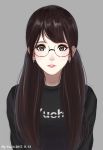  1girl artist_name black_eyes black_hair black_shirt dated earrings glasses grey_background highres jewelry long_hair looking_at_viewer parted_lips shirt t-shirt upper_body yucin 
