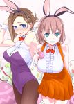  2girls ai-chan_(tawawa) animal_ears arm_behind_back arms_up bangs blush bow bowtie braid breasts colorized cowboy_shot earrings easter easter_egg eyebrows_visible_through_hair fake_animal_ears flying_sweatdrops getsuyoubi_no_tawawa grin hair_ornament hair_up hairband hairclip himura_kiseki jewelry kouhai-chan_(tawawa) large_breasts leaning_forward leotard mole mole_under_eye multiple_girls pantyhose parted_bangs rabbit_ears side_braid smile swept_bangs twin_braids wrist_cuffs 