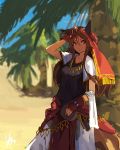  1girl :o animal_ears bangs brown_hair desert fantasy fingerless_gloves gloves hair_between_eyes hand_to_forehead jewelry lansane long_hair looking_at_viewer necklace original palm_tree parted_lips red_eyes red_gloves shirt short_sleeves solo standing sweat tail tree tsana_(lansane) turban under_tree white_shirt 