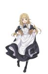  1girl :d apron black_shoes blonde_hair blue_eyes full_body highres long_hair looking_at_viewer maid_apron official_art open_mouth princess_(princess_principal) princess_principal princess_principal_game_of_mission puffy_sleeves shoes skirt_hold smile solo standing white_legwear 