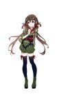  1girl black_legwear brown_eyes brown_hair flower formation_girls full_body goggles goggles_on_head green_shoes hair_flower hair_ornament highres japanese_clothes mitsuya_naomi morimoto_sakura_(artist) official_art shoes solo thigh-highs transparent_background twintails 