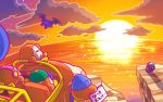  1boy backwards_hat baseball_cap beanie bow bowtie cliff closed_eyes clouds commentary_request flying hat headphones helmet kirby kirby_(series) meta_knight nintendo no_humans notepad ocean official_art sitting sparkle star_(sky) sunset translated waddle_dee wheelie_(kirby) wings 