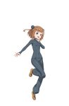  1girl :d bangs beatrice_(princess_principal) blunt_bangs brown_eyes brown_hair brown_shoes bun_cover double_bun hand_up highres looking_at_viewer official_art open_mouth princess_principal princess_principal_game_of_mission shoes smile solo standing standing_on_one_leg 