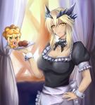  absurdres artoria_pendragon_(all) artoria_pendragon_(lancer_alter) blonde_hair braid breasts cleavage collarbone commentary_request cosplay curtains dress fate/grand_order fate/stay_night fate_(series) highres horns large_breasts long_hair looking_at_viewer maid_headdress saber_alter saber_alter_(cosplay) saber_lion shiki_(chen321aa) yellow_eyes 