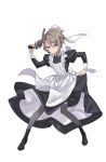  1girl ange_(princess_principal) black_boots black_legwear blue_eyes boots braid frown full_body gun handgun hat highres maid princess_principal princess_principal_game_of_mission silver_hair skirt_hold solo standing thigh-highs weapon white_hat 