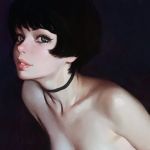  1girl bangs black_background black_eyes black_hair blunt_bangs bob_cut breasts choker cleavage collarbone green_eyes ilya_kuvshinov lips looking_at_viewer nude original out-of-frame_censoring parted_lips short_hair small_breasts solo upper_body 